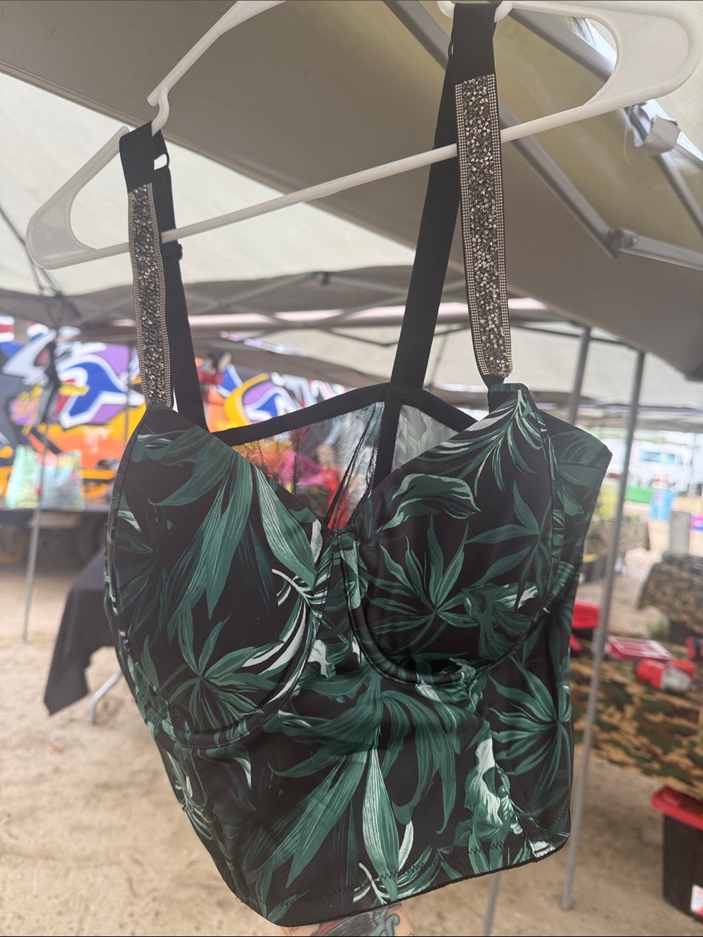 Victoria's Secret Black Bustier with Green Tropical Leaf Print